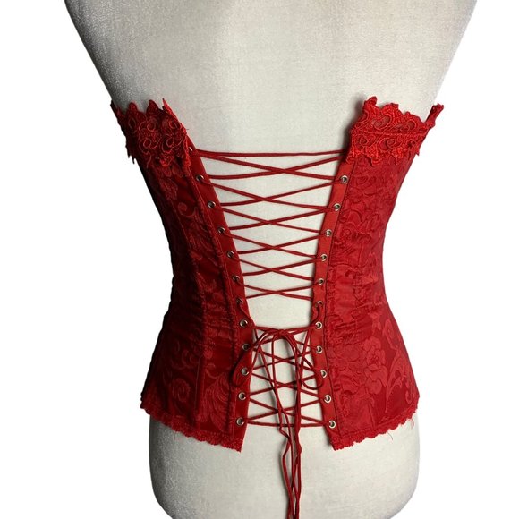 Fredericks Hollywood Dream Sweetheart Corset 32 Red Jacquard Lace Hook Closure - Picture 5 of 9